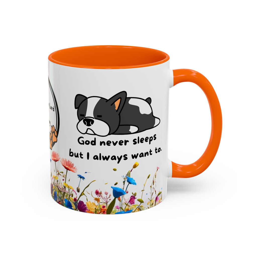 Christian  11oz and 15oz Accent Coffee Mug "God never sleeps" (with flowers)