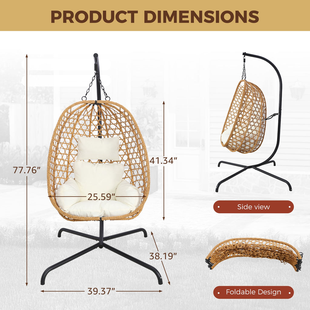 Set of 2 Egg Chairs with Stand - Patio Wicker Hanging Hammock Swing