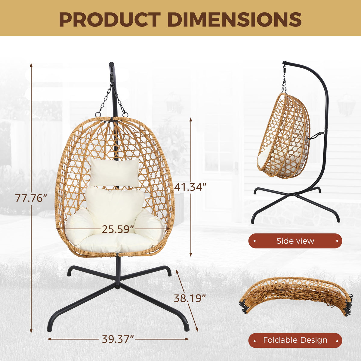 Set of 2 Egg Chairs with Stand - Patio Wicker Hanging Hammock Swing