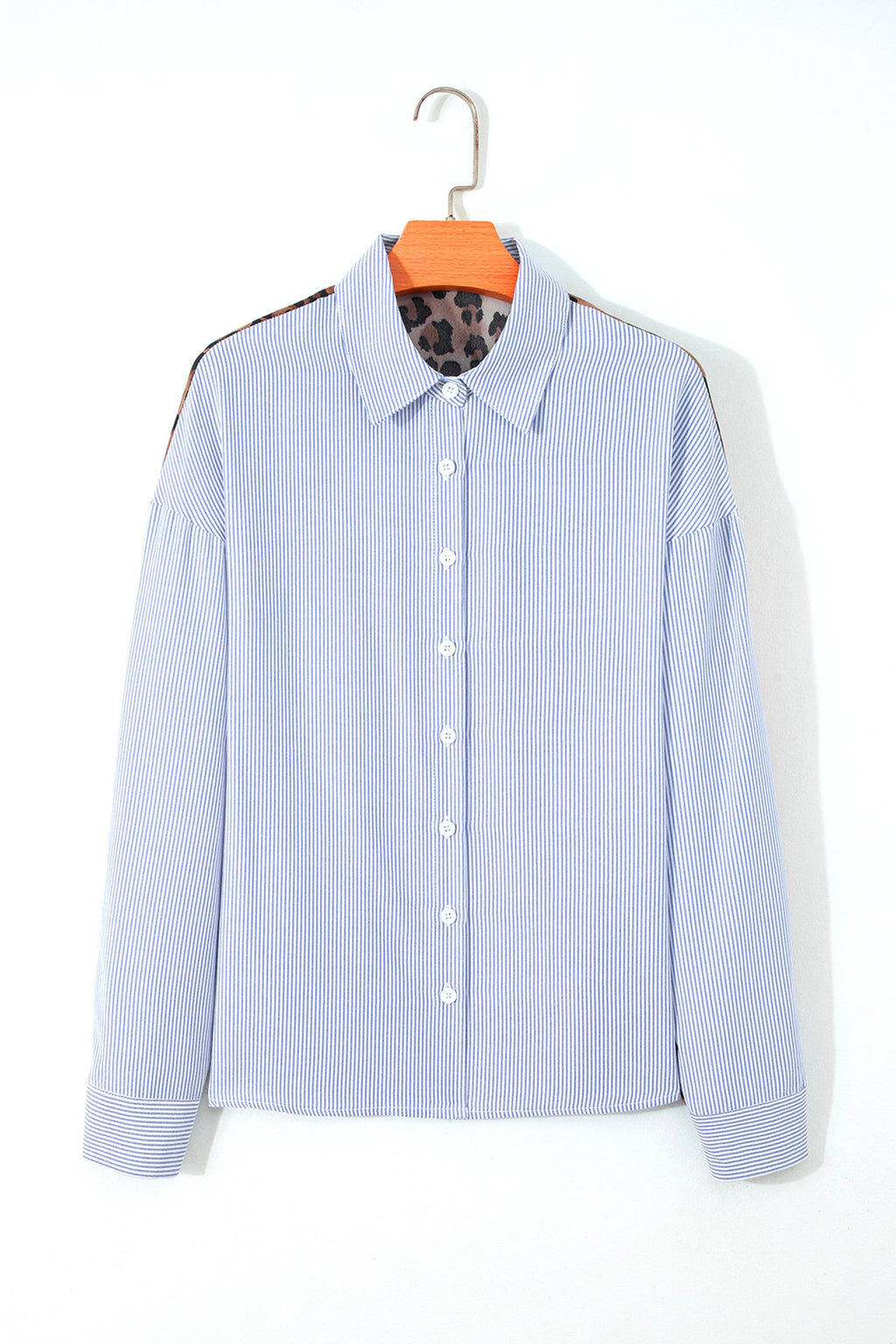 Sky Blue Stripe Contrasted Varsity Stripe Leopard Patchwork Button Down Shirt