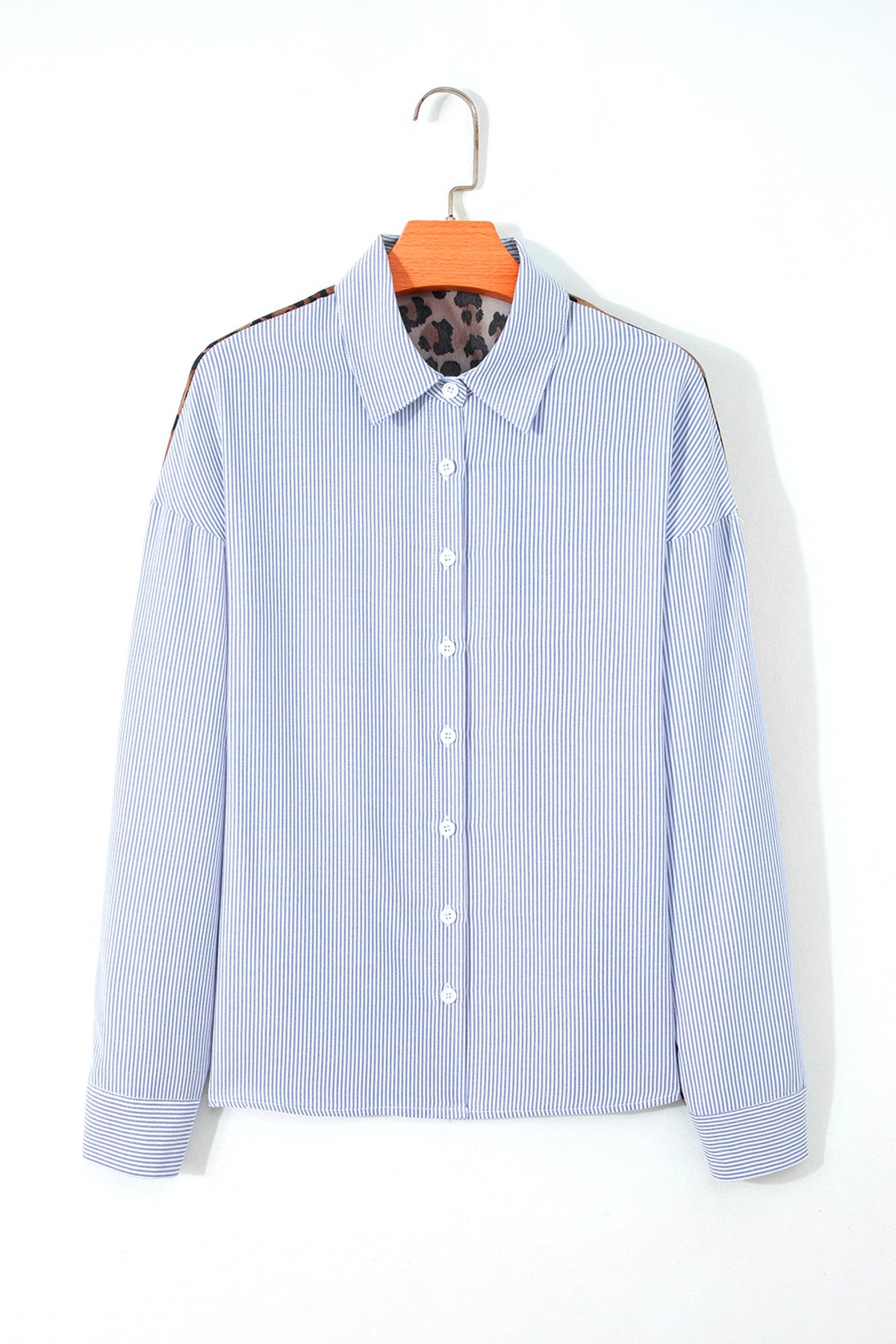 Sky Blue Stripe Contrasted Varsity Stripe Leopard Patchwork Button Down Shirt