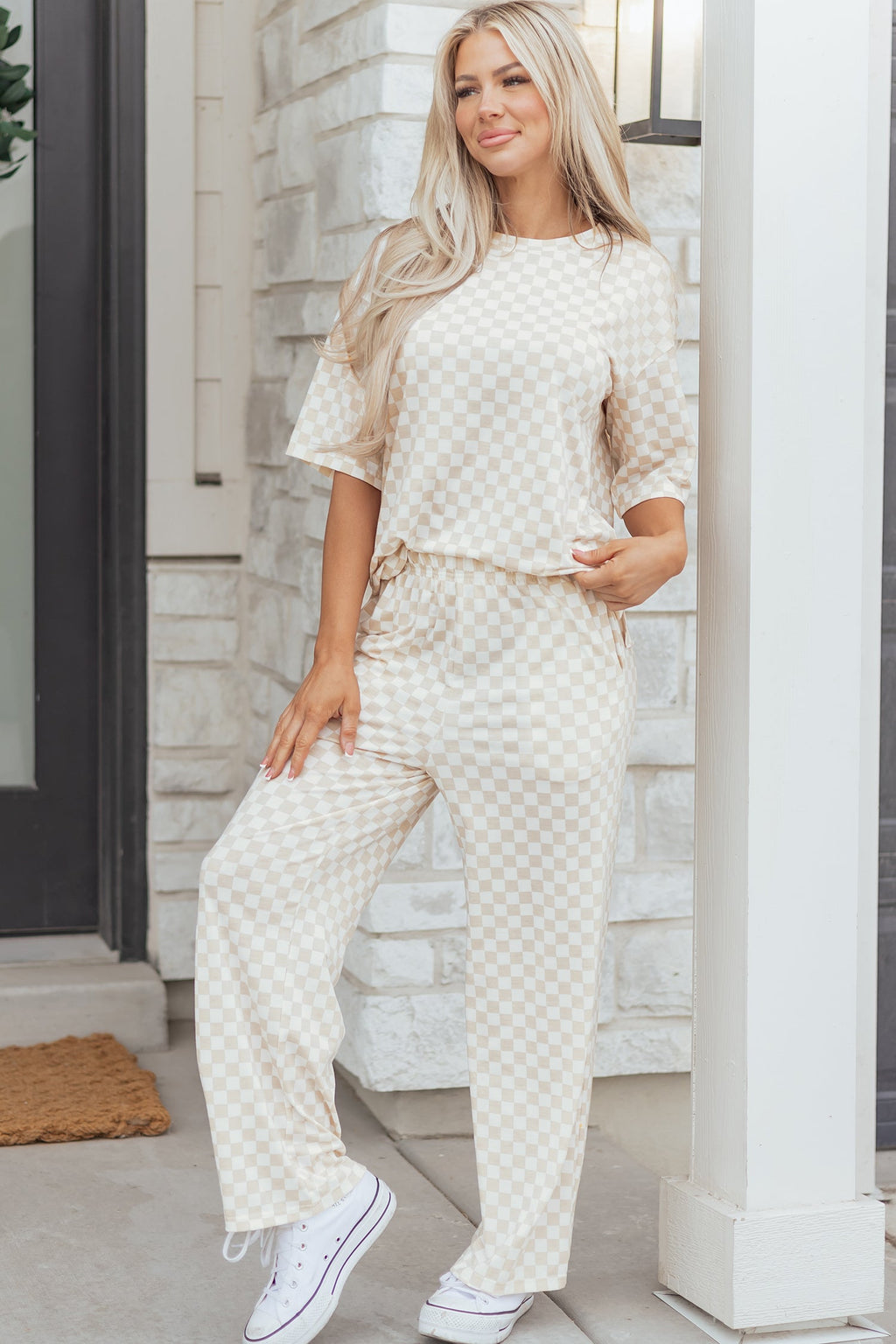Rose Checkered Print Half Sleeve Tee 2pcs Lounge Pant Set