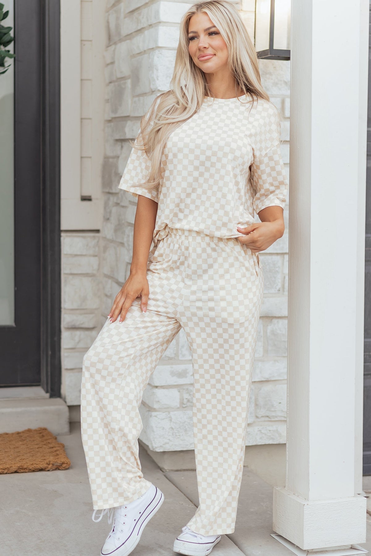 Rose Checkered Print Half Sleeve Tee 2pcs Lounge Pant Set