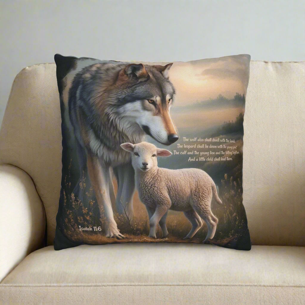 Wolf and Sheep Bible Verse Spun Polyester Square Pillowcase (multiple sizes)