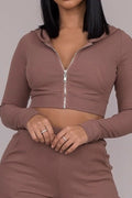 Brown Cropped Hoodie with Front Zip
