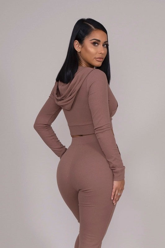 Brown Cropped Hoodie with Front Zip