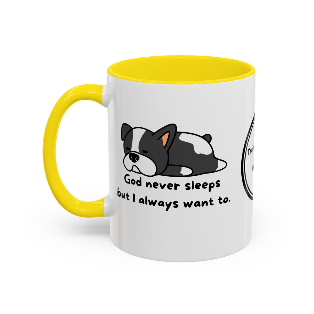 Christian "God never sleeps" 11 oz and 15oz Accent Mug, multiple colors, Christian Mug