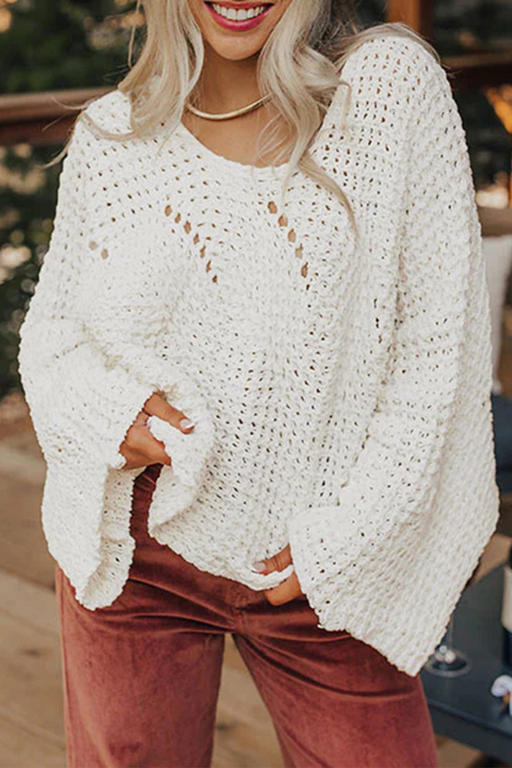 Camel Hollowed Detail Wide Sleeve Loose Pullover Sweater