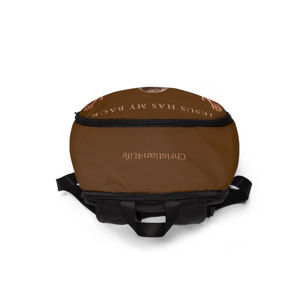 "Jesus Has My Back" Graphic design Christian Backpack (Choose Brown Shade)