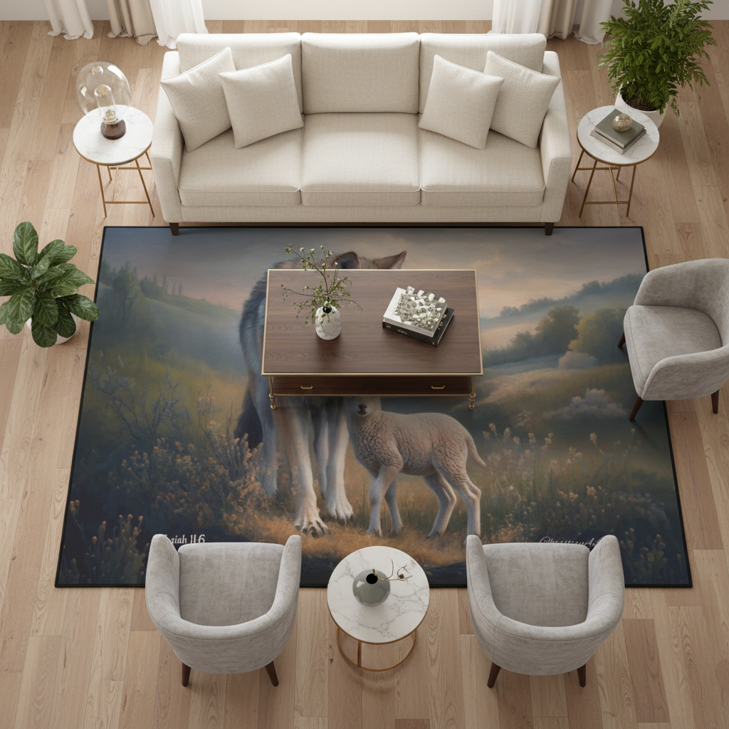 Wolf and Lamb Area Rug — Isaiah 11:6 Christian Rug with Black Binding 84" x 60"