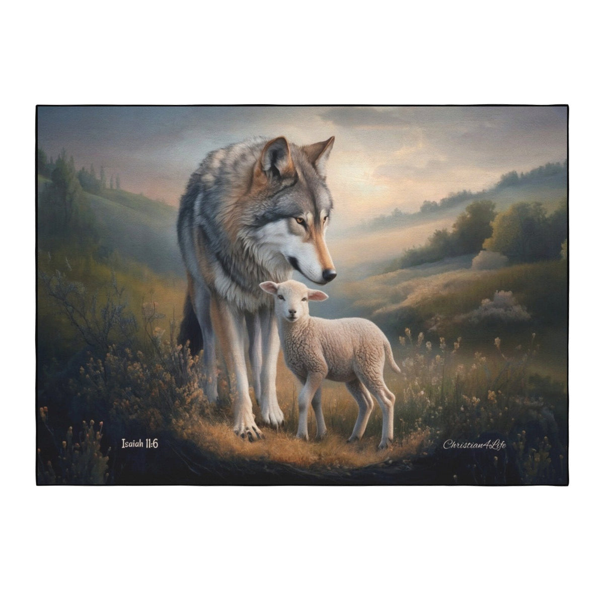 Wolf and Lamb Area Rug — Isaiah 11:6 Christian Rug with Black Binding 84" x 60"