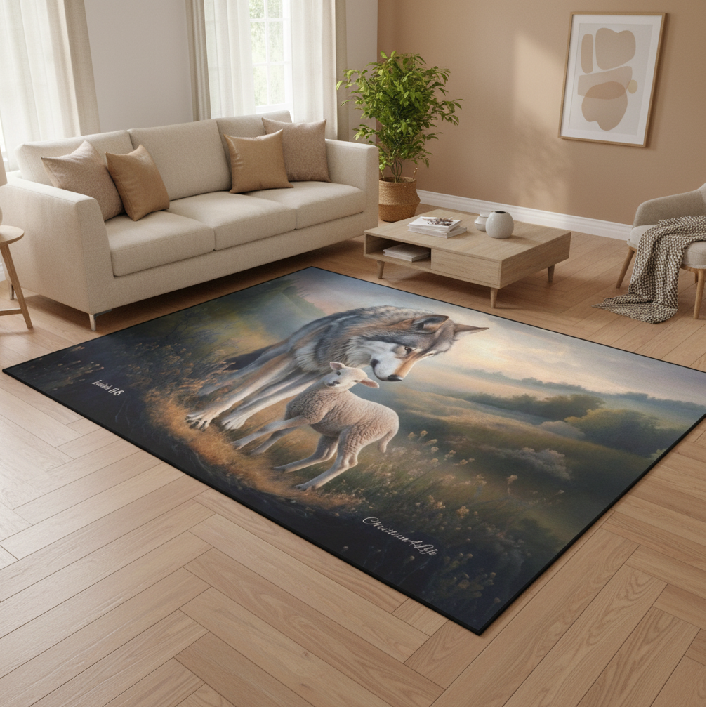 Wolf and Lamb Area Rug — Isaiah 11:6 Christian Rug with Black Binding 84" x 60"