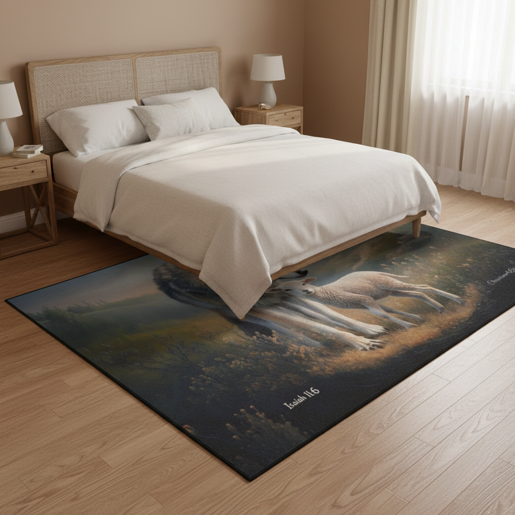 Wolf and Lamb Area Rug — Isaiah 11:6 Christian Rug with Black Binding 84" x 60"