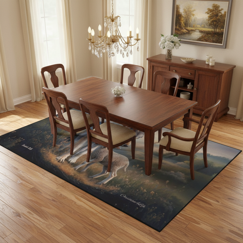 Wolf and Lamb Area Rug — Isaiah 11:6 Christian Rug with Black Binding 84" x 60"
