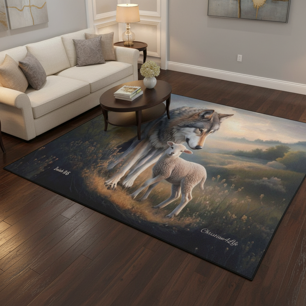 Wolf and Lamb Area Rug — Isaiah 11:6 Christian Rug with Black Binding 84" x 60"