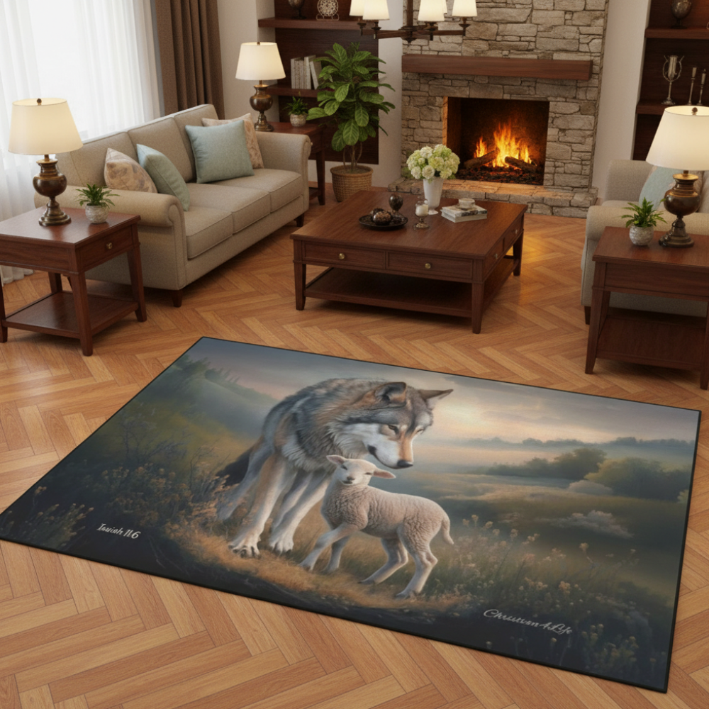 Wolf and Lamb Area Rug — Isaiah 11:6 Christian Rug with Black Binding 84" x 60"