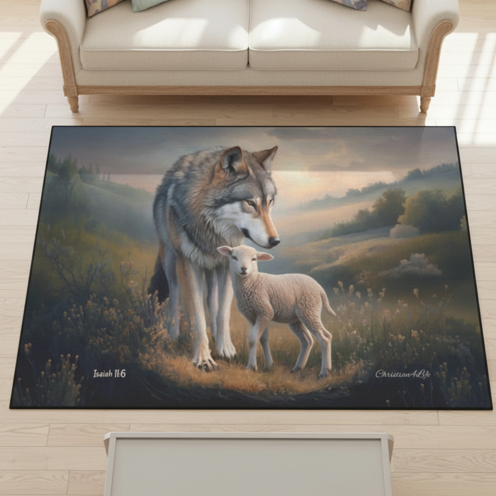 Wolf and Lamb Area Rug — Isaiah 11:6 Christian Rug with Black Binding 84" x 60"