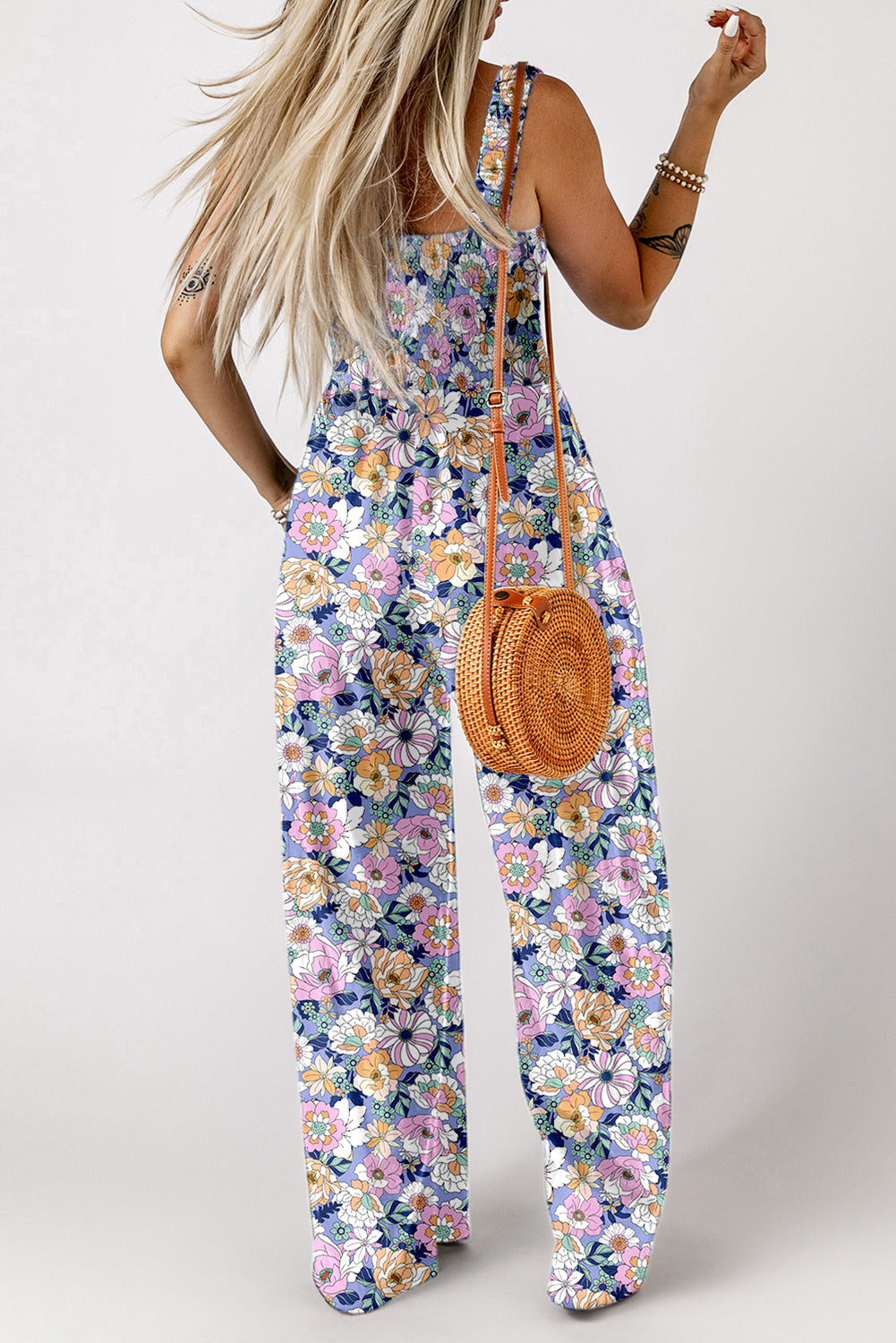 Green Floral Square Neckline Stretch High Waist Jumpsuit