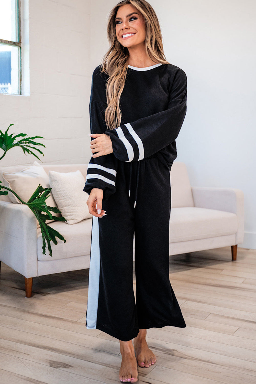 Mineral Red Varsity Stripe Patchwork Puff Sleeve Pullover Drawstring Wide Leg Pant Set