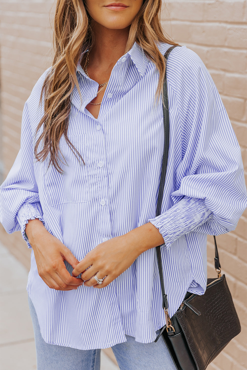 Blue Stripe Striped Casual Shirred Cuffs Shirt