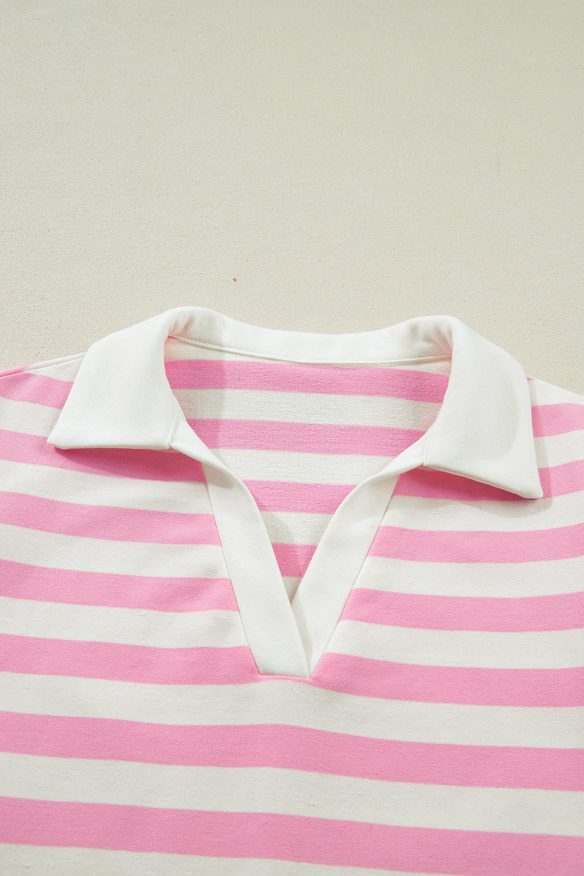 Pink Stripe Collar V Neck Ruffled Short Sleeve Blouse