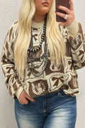 Brown Bow Horseshoe Print Checkered Plus Size Sweater