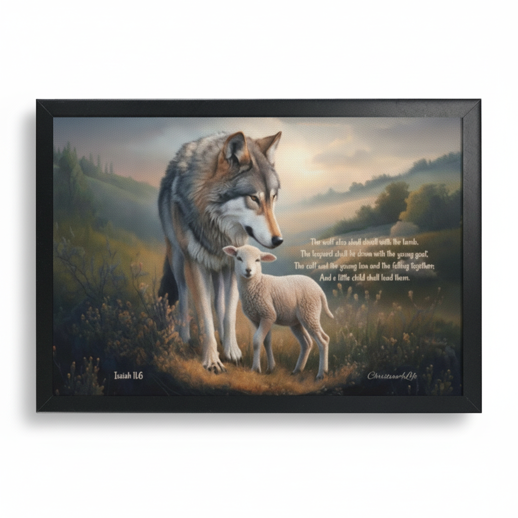 Framed - Wolf and Lamb with Isaiah 11:6 Quote, Christian Canvas, Black Frame