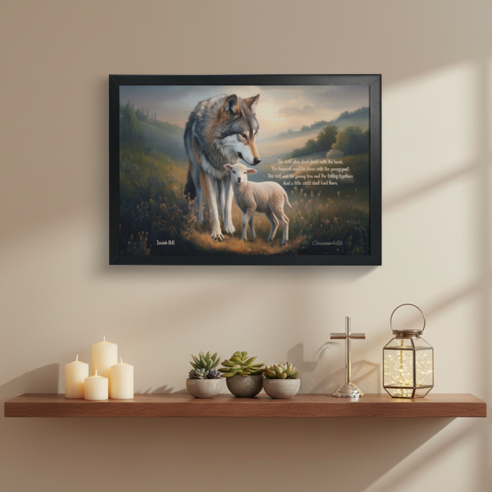 Framed - Wolf and Lamb with Isaiah 11:6 Quote, Christian Canvas, Black Frame