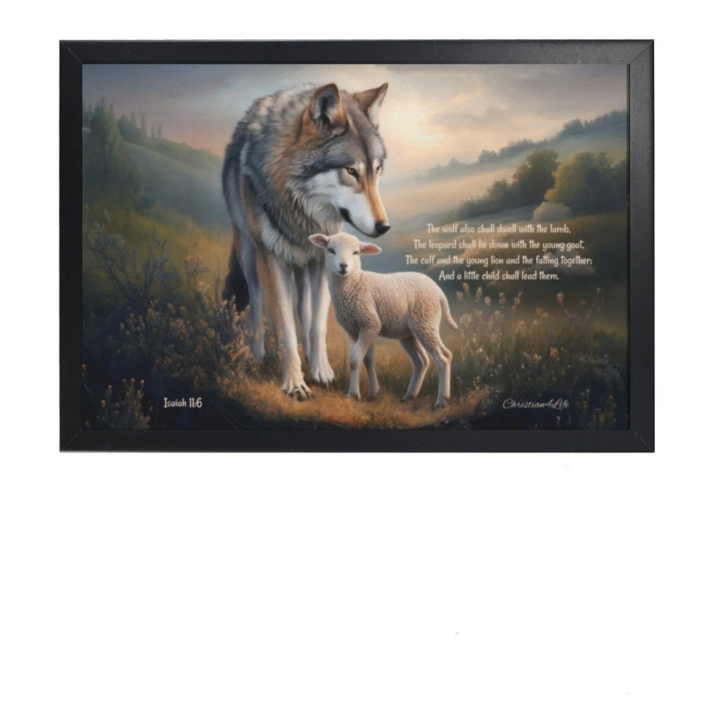 Framed - Wolf and Lamb with Isaiah 11:6 Quote, Christian Canvas, Black Frame