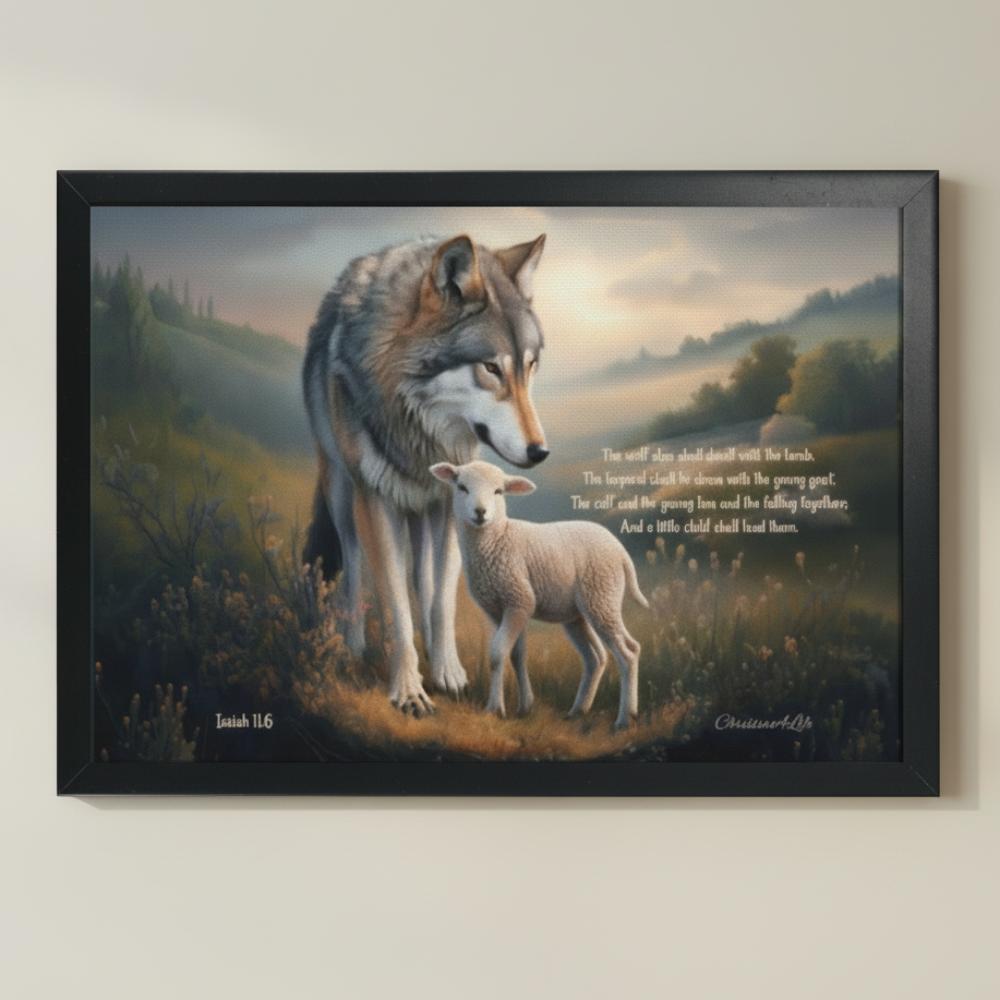 Framed - Wolf and Lamb with Isaiah 11:6 Quote, Christian Canvas, Black Frame