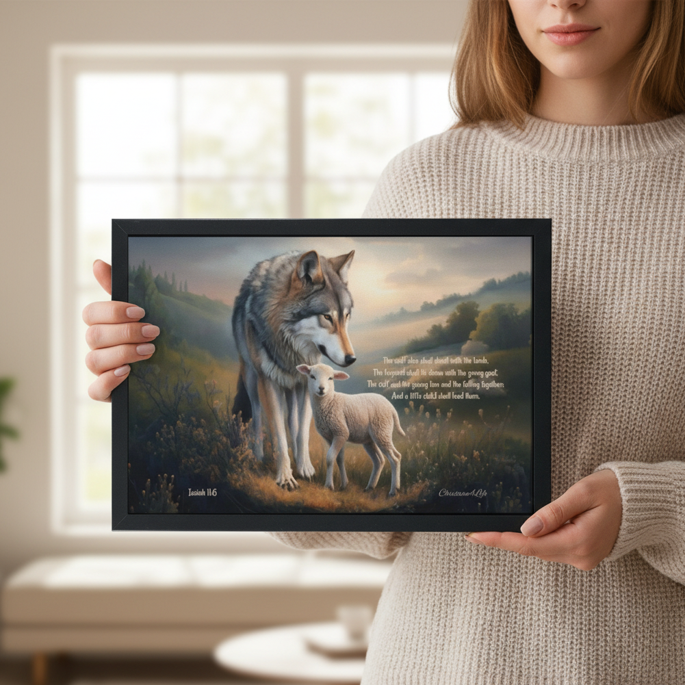 Framed - Wolf and Lamb with Isaiah 11:6 Quote, Christian Canvas, Black Frame