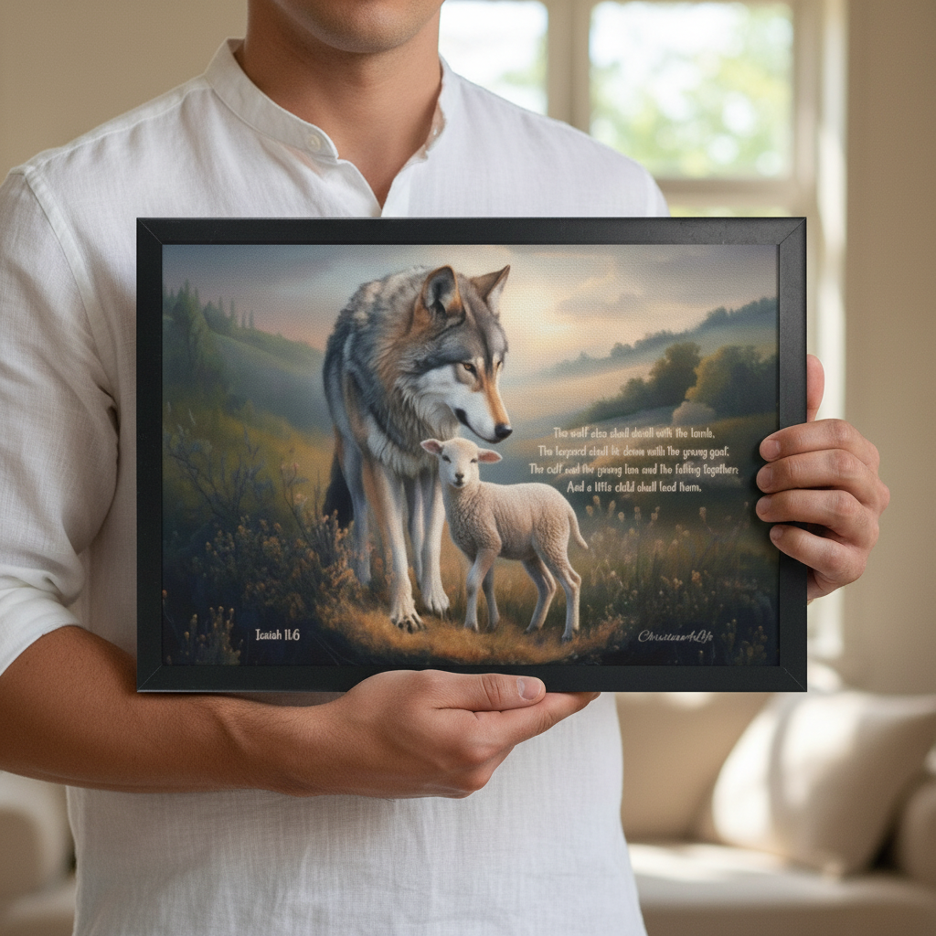 Framed - Wolf and Lamb with Isaiah 11:6 Quote, Christian Canvas, Black Frame