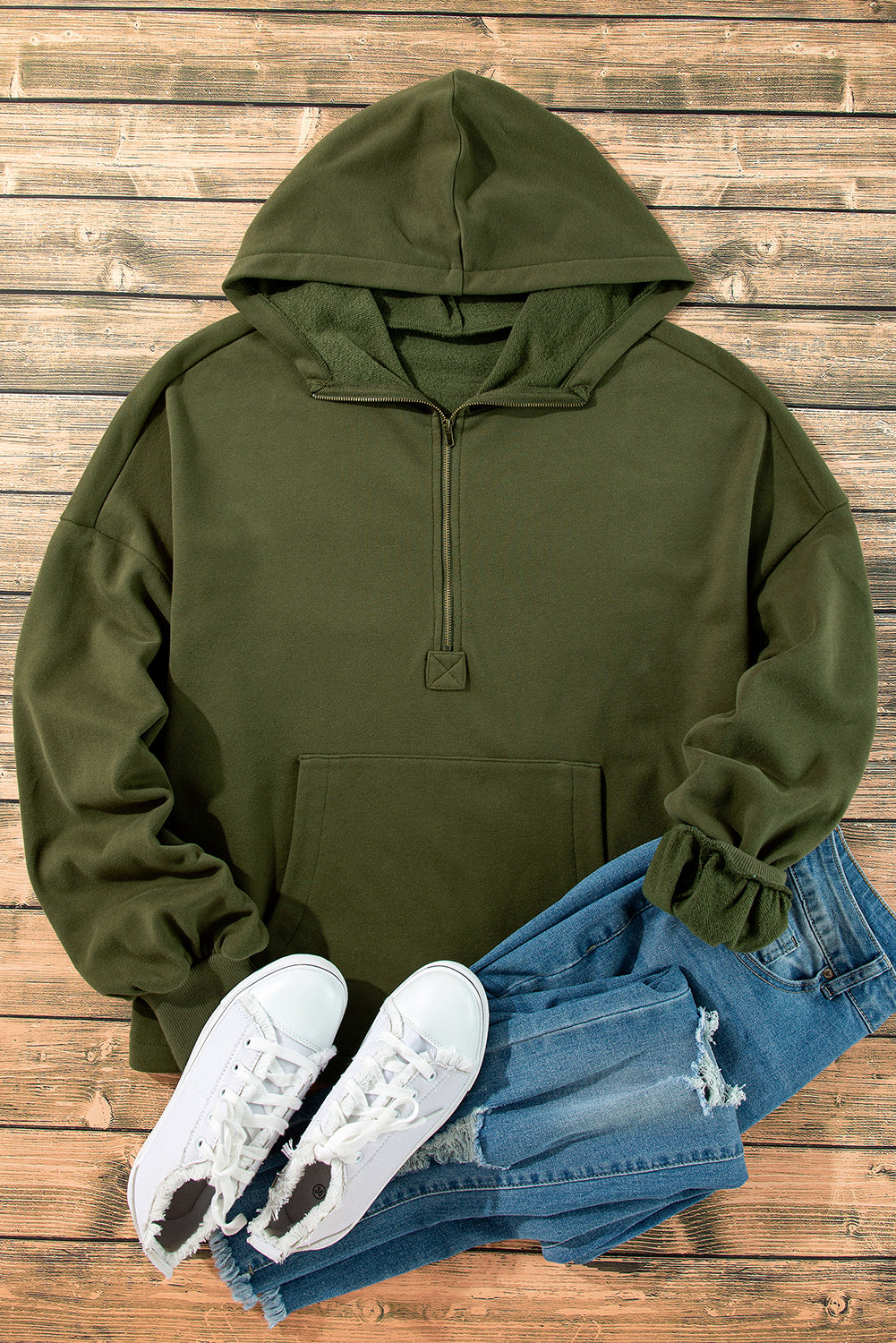 Orange Half Zipper Kangaroo Pockets Drop Shoulder Hoodie