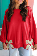 Fiery Red Floral Bow Patched Exposed Seam Patchwork Slit Baggy Sweatshirt
