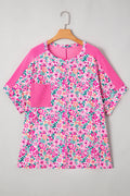 Pink Plus Size Floral Print Corded Patchwork Loose Top