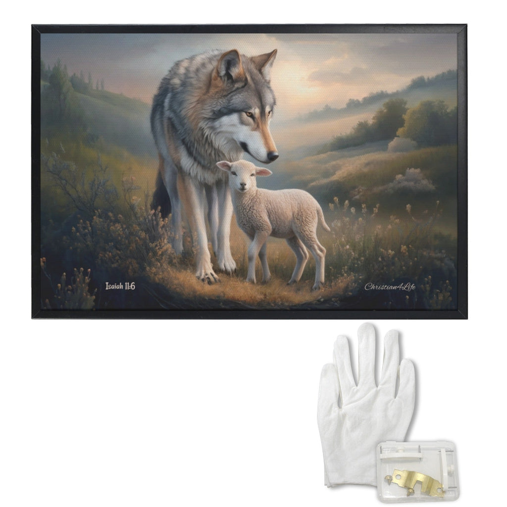 Framed- Wolf and Lamb, Christian Wall Art, Black Framed Canvas Print, Isaiah 11:6