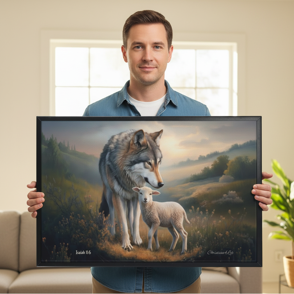 Framed- Wolf and Lamb, Christian Wall Art, Black Framed Canvas Print, Isaiah 11:6