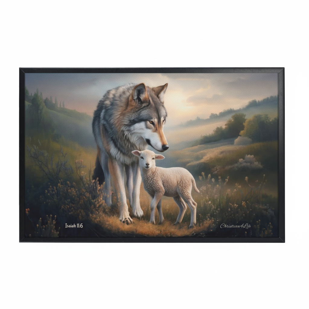 Framed- Wolf and Lamb, Christian Wall Art, Black Framed Canvas Print, Isaiah 11:6