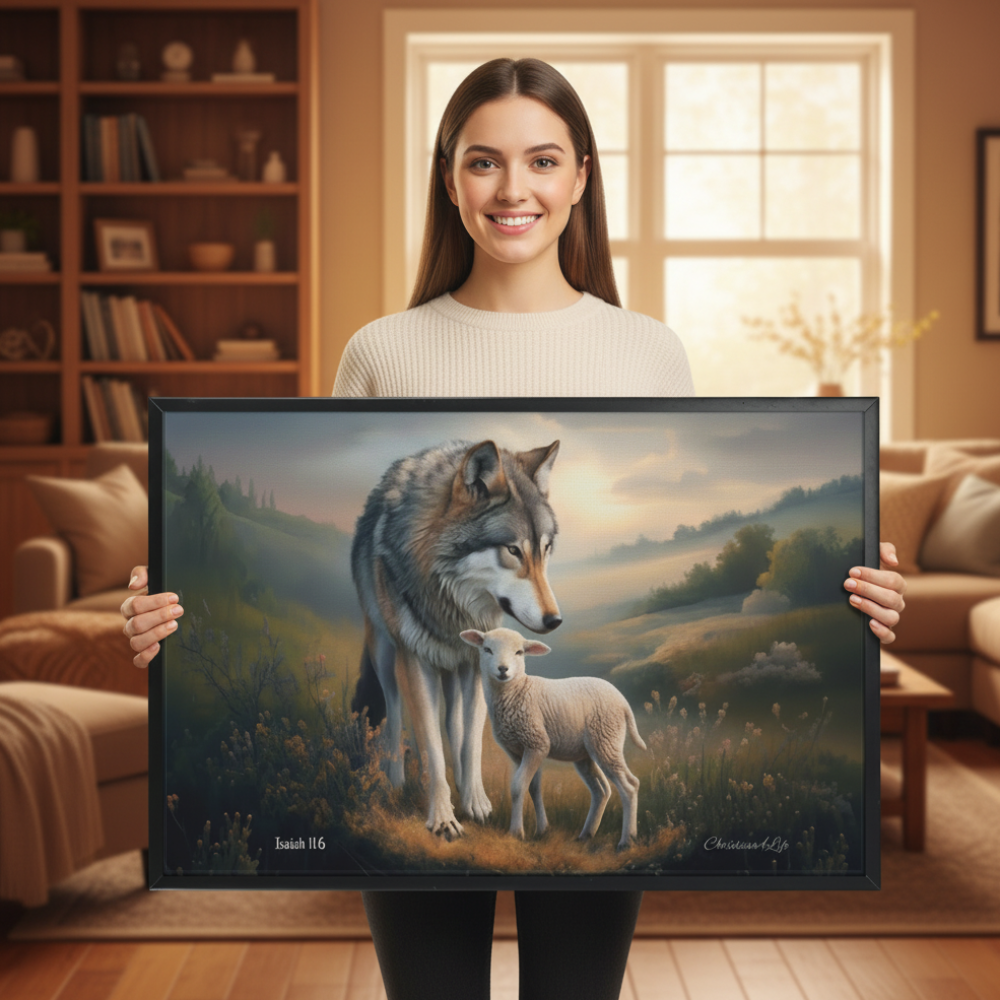 Framed- Wolf and Lamb, Christian Wall Art, Black Framed Canvas Print, Isaiah 11:6