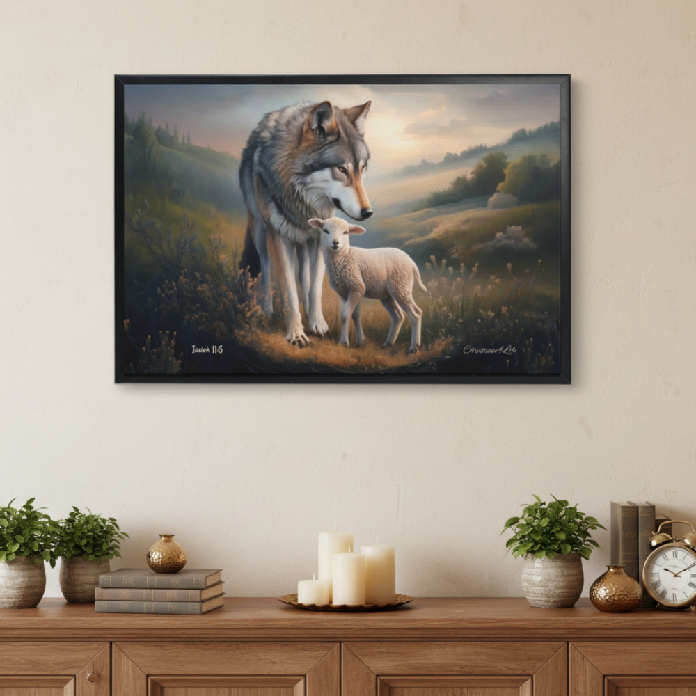 Framed- Wolf and Lamb, Christian Wall Art, Black Framed Canvas Print, Isaiah 11:6