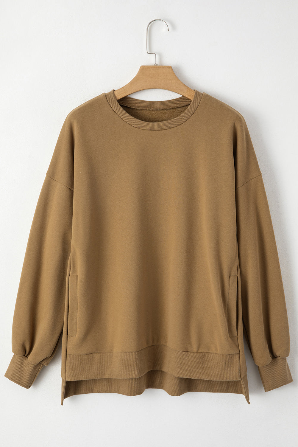 Sea Green Solid Fleece Lined Drop Shoulder High Low Sweatshirt