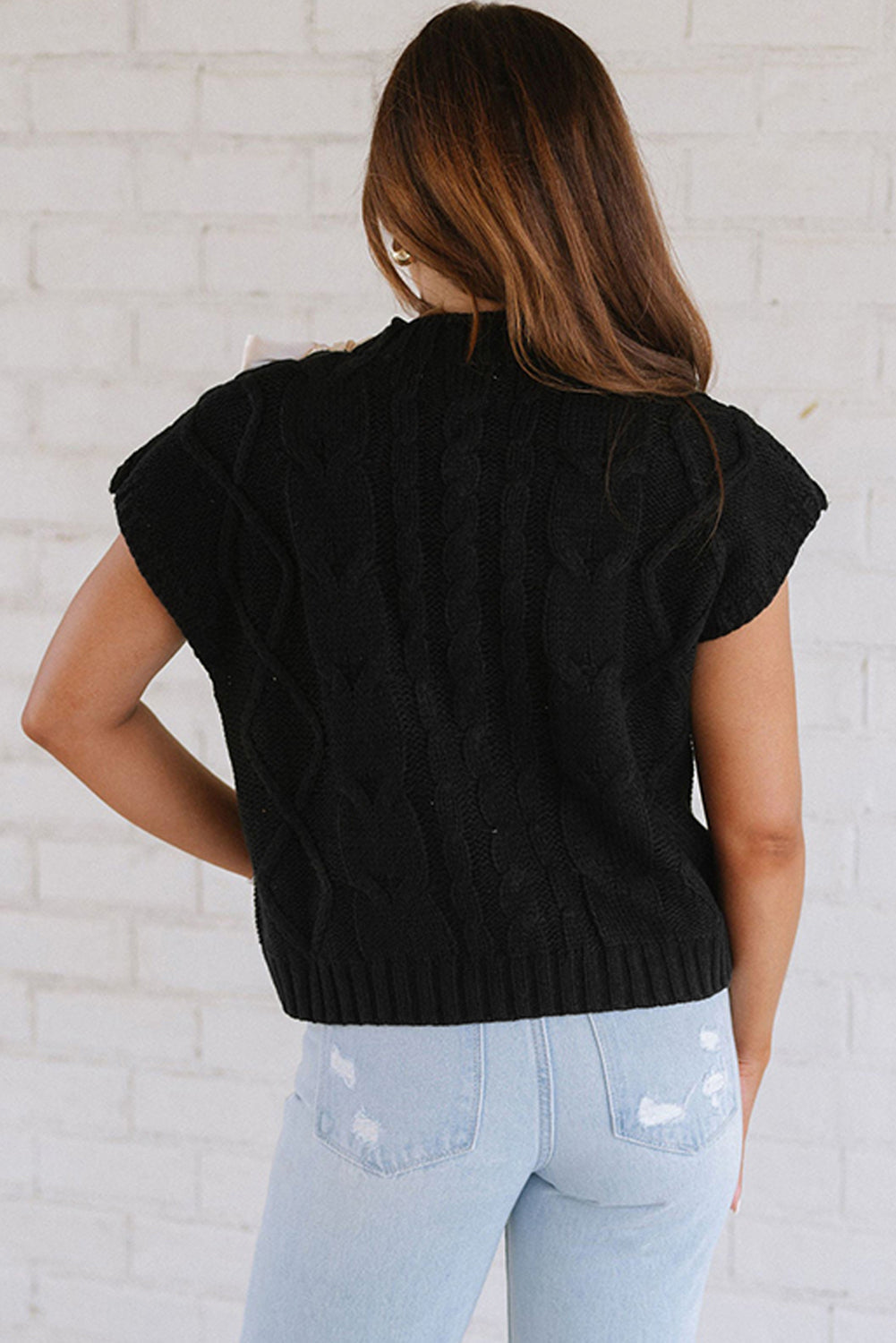 White Cable Knit Colorblock Satin Bowknot Short Sleeve Sweater