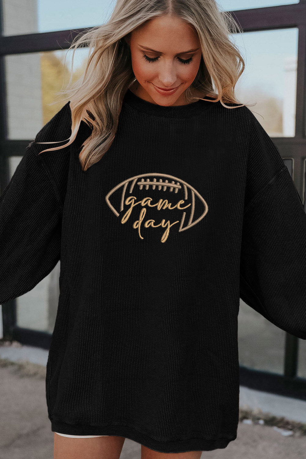 Black Football Graphic Game Day Embroidered Corded Sweatshirt