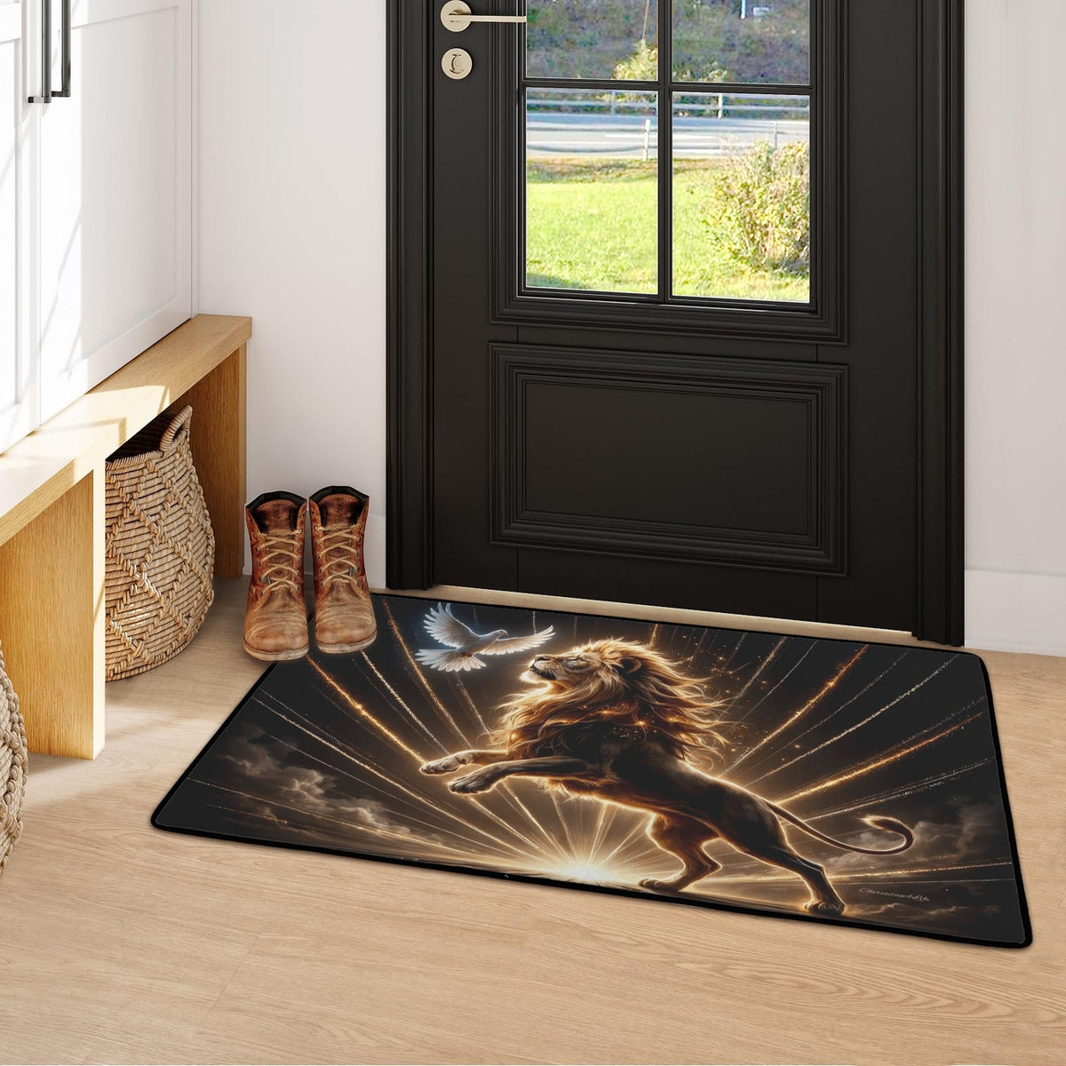Lion of Judah and the Holy Spirit Area Rug with Golden Rays - Black Binding 31"x20"
