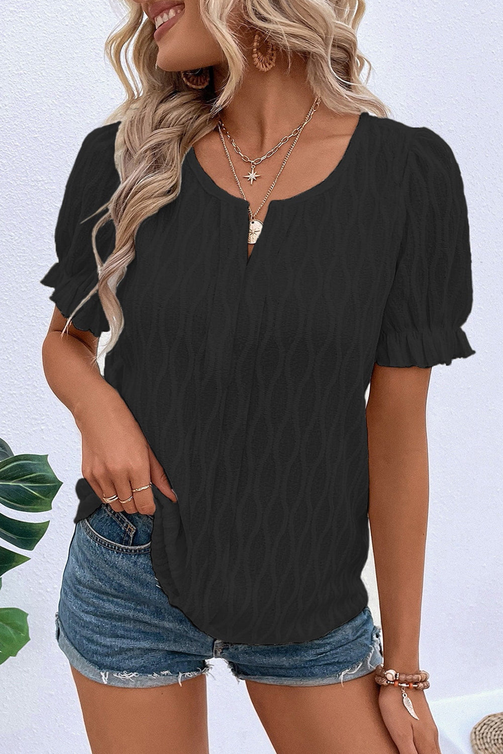 Beau Blue Solid Color Textured Notched Neck Puff Sleeve Blouse