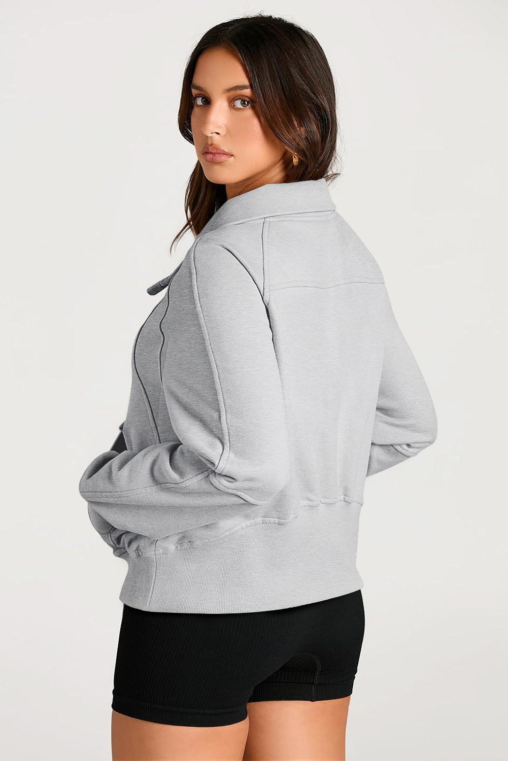 Smoke Green Quarter Zip Stand Neck Kangaroo Pocket Sweatshirt
