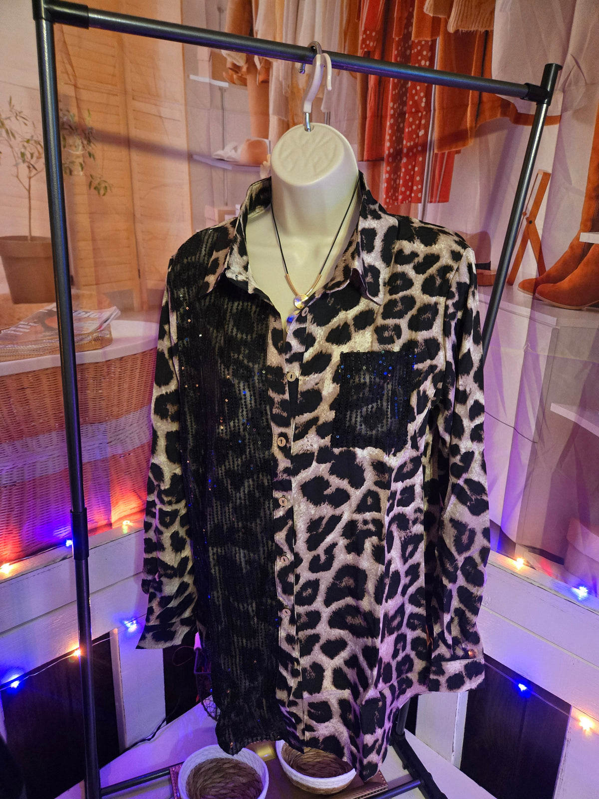 Sequin Leopard Print Button Down Blouse – Glam Wild Long Sleeve Top