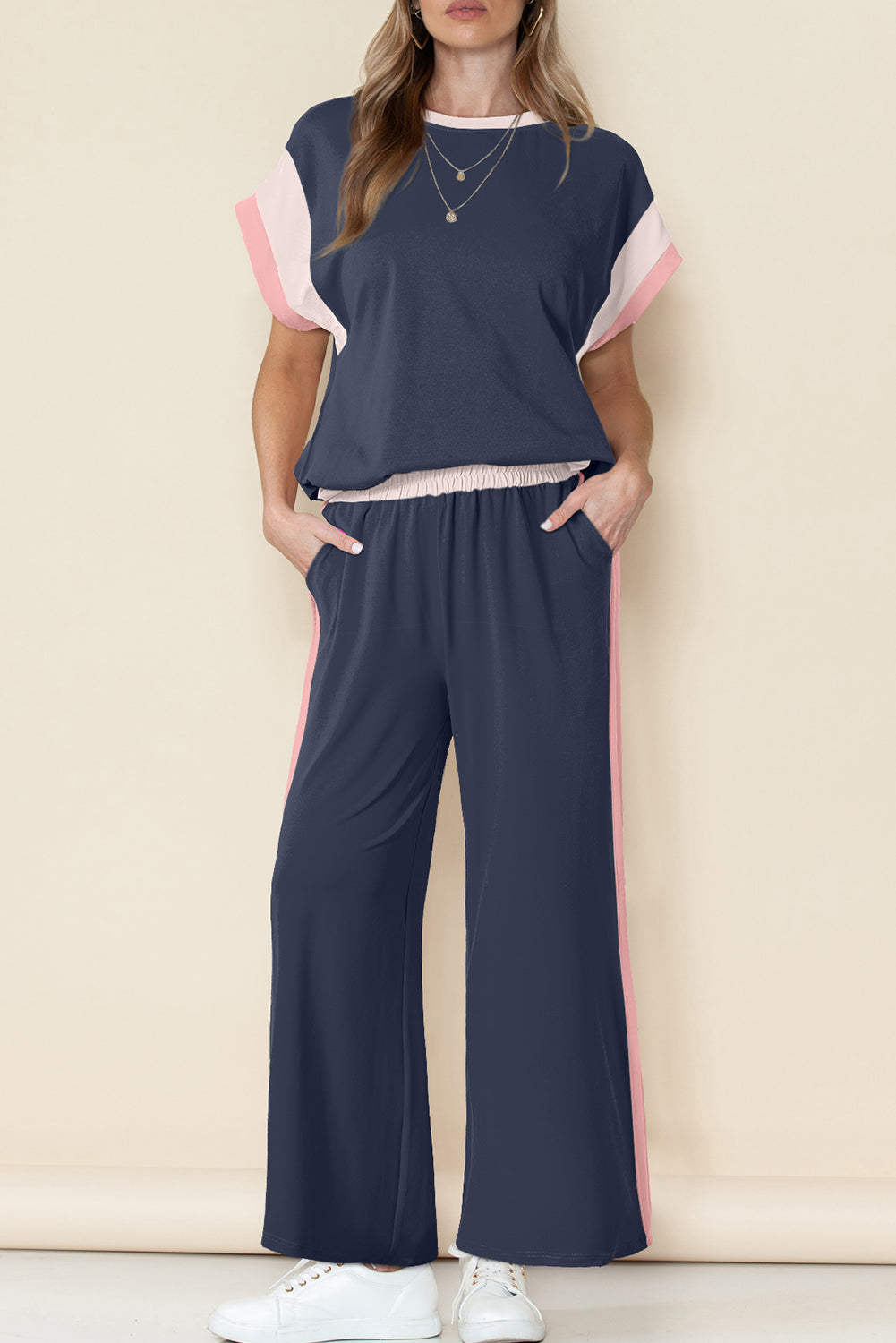 Sky Blue Color Block Detail Casual Two-piece Outfit