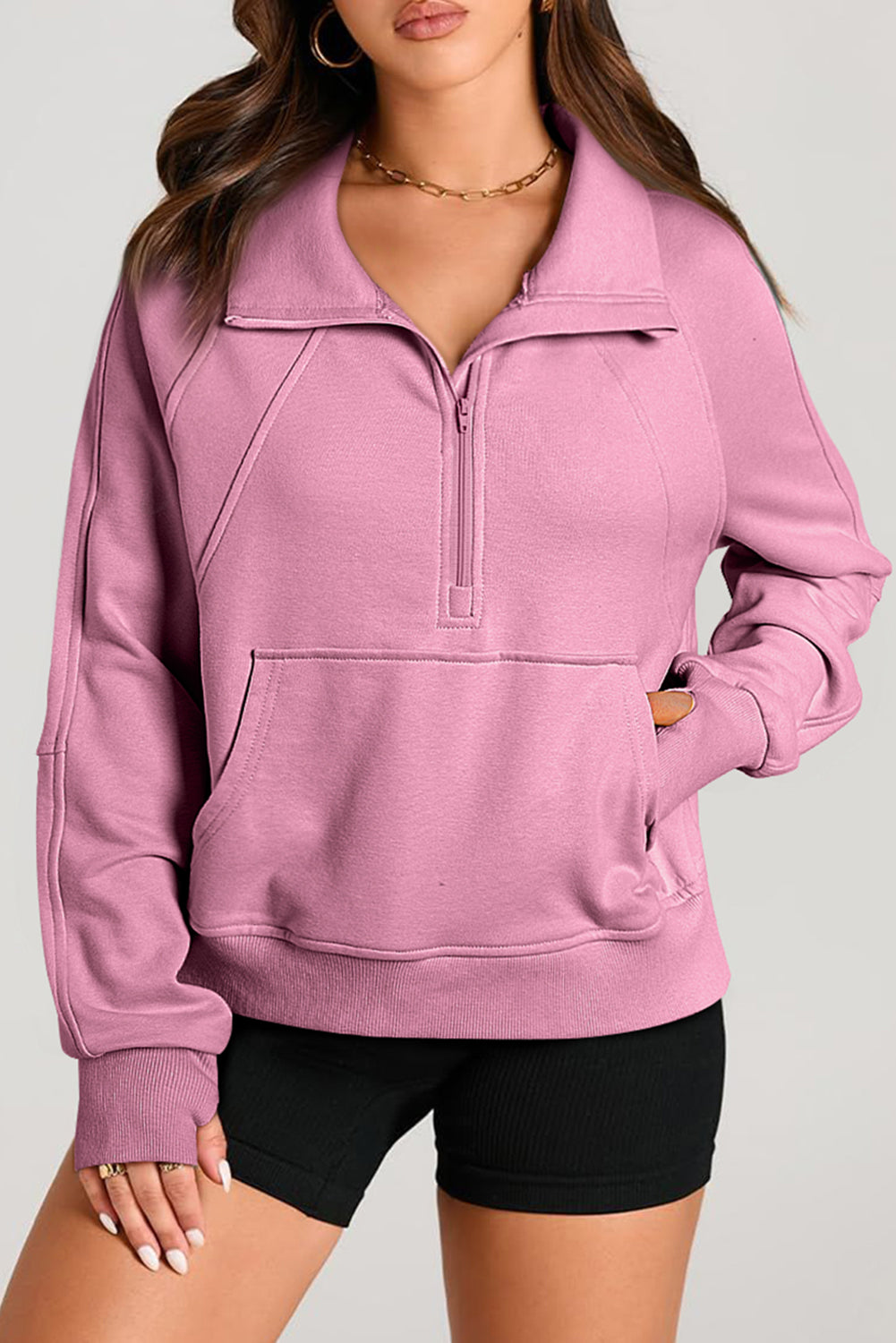 Smoke Green Quarter Zip Stand Neck Kangaroo Pocket Sweatshirt