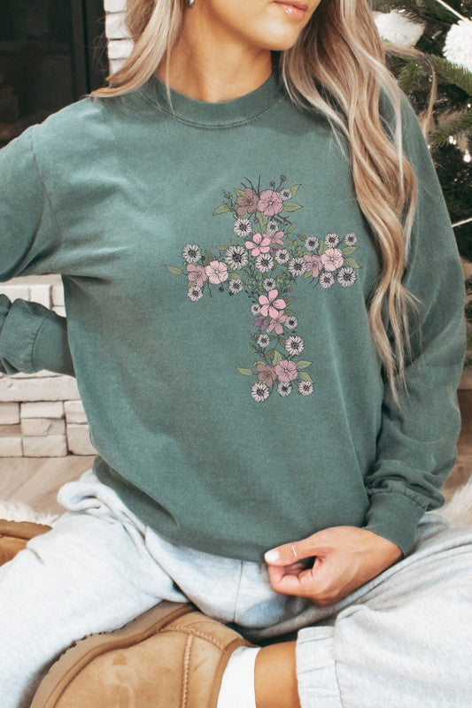 Floral Cross Easter Comfort Colors Long Sleeve